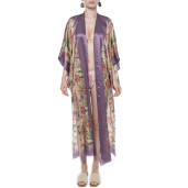 Kimono deschis, matase 100%, imprimeu Tropical Breeze, bordura mov pastel