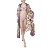 Kimono deschis, matase 100%, imprimeu Tropical Breeze, bordura mov pastel