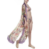 Kimono deschis, matase 100%, imprimeu Tropical Breeze, bordura mov pastel