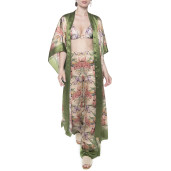 Light kimono, 100% silk, Tropical Breeze green border print