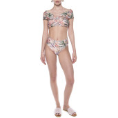 Costum baie 2 piese Tropical Breeze, bustiera volan umar si slip brazilian talie semi-inalta