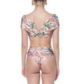 Costum baie 2 piese Tropical Breeze, bustiera volan umar si slip brazilian talie semi-inalta