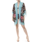 Kimono mini deschis Jungle Vibe, bordura turquoise, voal transparent