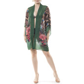 Kimono mini deschis Jungle Vibe, bordura verde, voal transparent