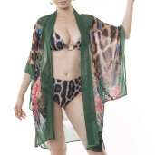 Kimono mini deschis Jungle Vibe, bordura verde, voal transparent