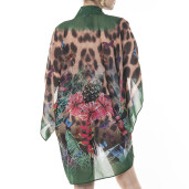 Kimono mini deschis Jungle Vibe, bordura verde, voal transparent