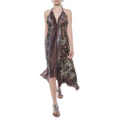 Rochie asimetrica, matase 100%, imprimeu Wild Mood, bordura maro