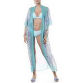 Kimono lung deschis voal, Paisley Aqua