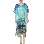 Caftan lung, decolteu V, 100% matase, imprimeu Aqua Jewel