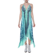 Rochie asimetrica matase 100%, imprimeu Aqua Jewel