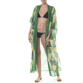 Kimono lung deschis, voal Sweet Lemonade bordura verde