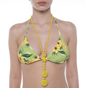 Costum baie 2 piese Sun Flower Bloom, sutien triunghi reglabil, slip brazilian talie joasa cu snur