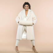Palton rever dublu, blana naturala miel Australian tip lana, off white, 100cm