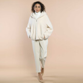 Jacheta tip bomber cu gluga, blana naturala miel Australian tip lina, off white, 62cm