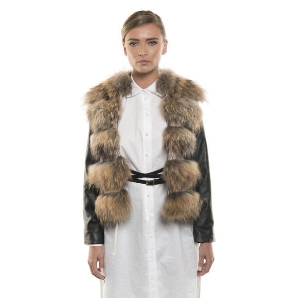 Jachetă de blană naturală de raton, cu mâneci, aurie, 60 cm